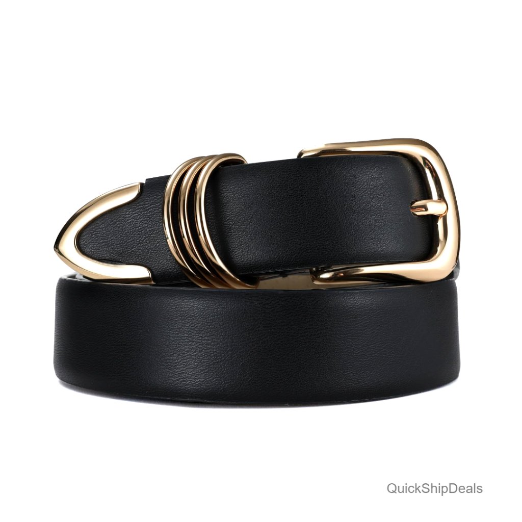 Faux Leather Belt With Gold Buckle, 1.2 Inches Wide, Adjustable Fit